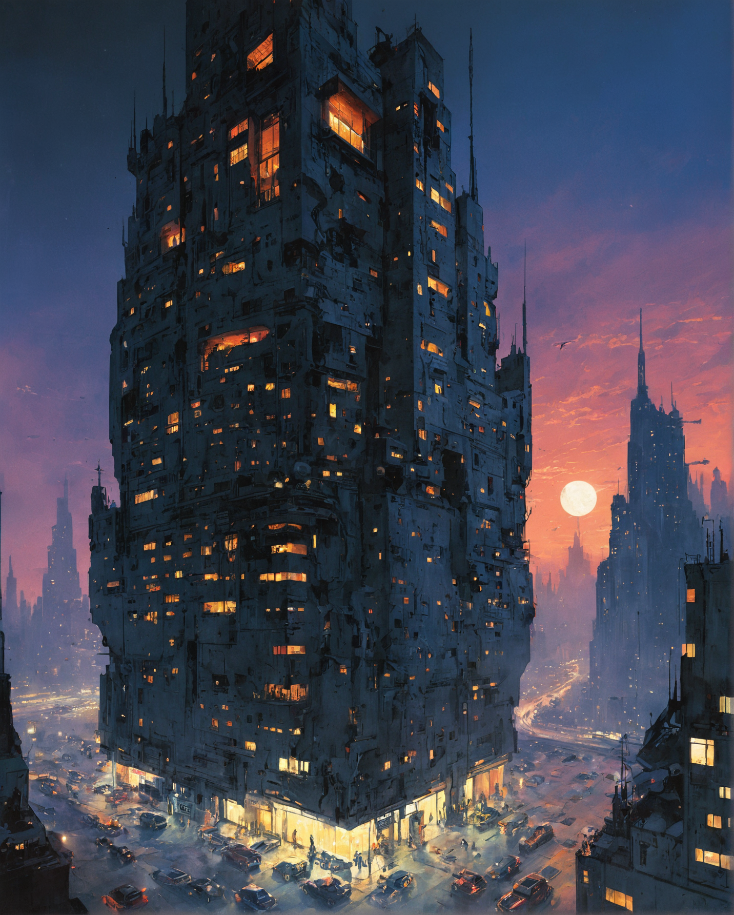 16710-3885277432-enki bilal,philippe druillet,moebius inspired euro sci-fi art _a dystopian cityscape at twilight, skyscrapers draped in neon lig.png